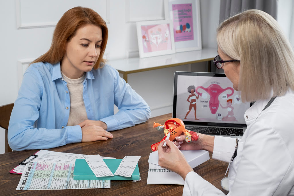 Una doctora ginecóloga utiliza un modelo anatómico del útero para explicar chequeos médicos preventivos a una paciente, representando el cuidado de la salud femenina en diferentes etapas de la vida.