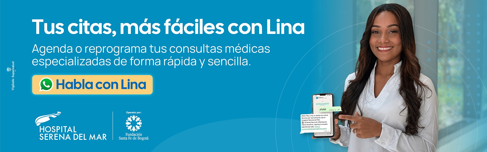 Lina, asistente virtual de Hospital Serena del Mar para agendar y reprogramar citas médicas por WhatsApp.